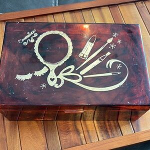 Vintage Mid Century Brown Marbled Plastic Cosmetic Box With Graphics